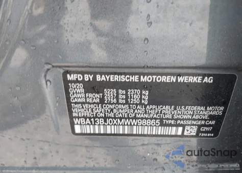 2021 BMW 530I xDrive из США, поврежденный, VIN WBA13BJ0XMWW98865